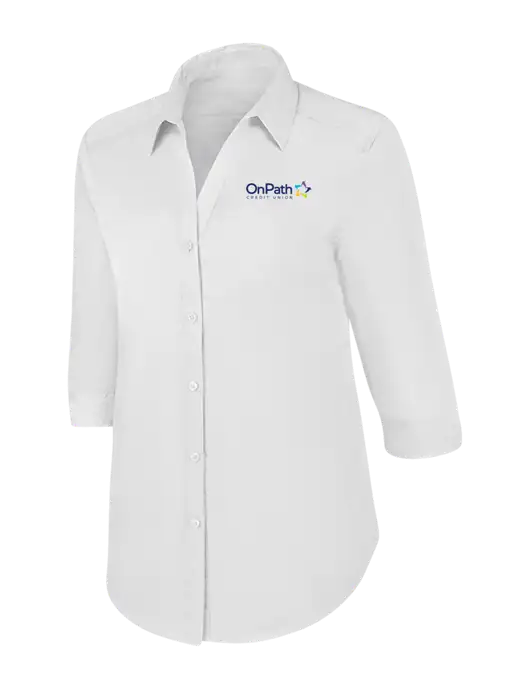 Womens White 3/4 Sleeve Carefree Poplin Shirt w/OnPath Logo
