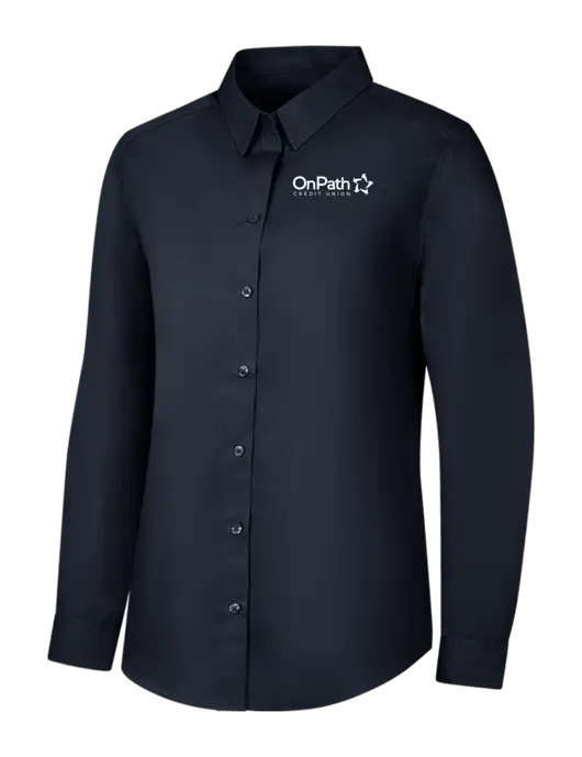 Womens River Blue Navy Long Sleeve Carefree Poplin Shirt w/OnPath Logo