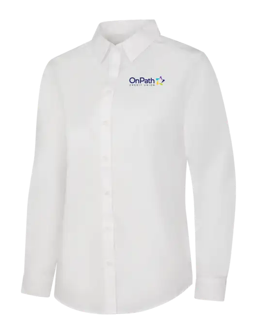 Womens White Long Sleeve Carefree Poplin Shirt w/OnPath Logo