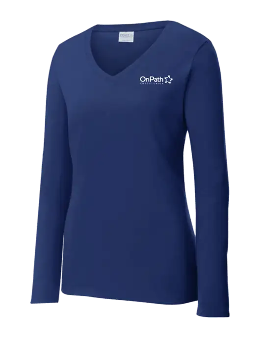 Womens  V-Neck Ring Spun Navy 4.5 oz Long Sleeve T-Shirt w/OnPath Logo