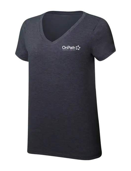 Womens Simply Soft V-Neck Heather Charcoal 4.5oz  Poly/Combed Ring Spun Cotton T-Shirt w/OnPath Logo
