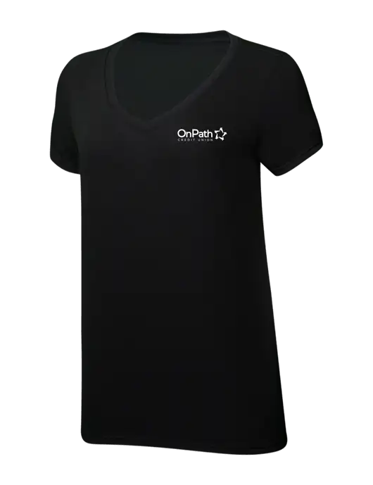 Womens Simply Soft V-Neck Black 4.5oz  Poly/Combed Ring Spun Cotton T-Shirt w/OnPath Logo