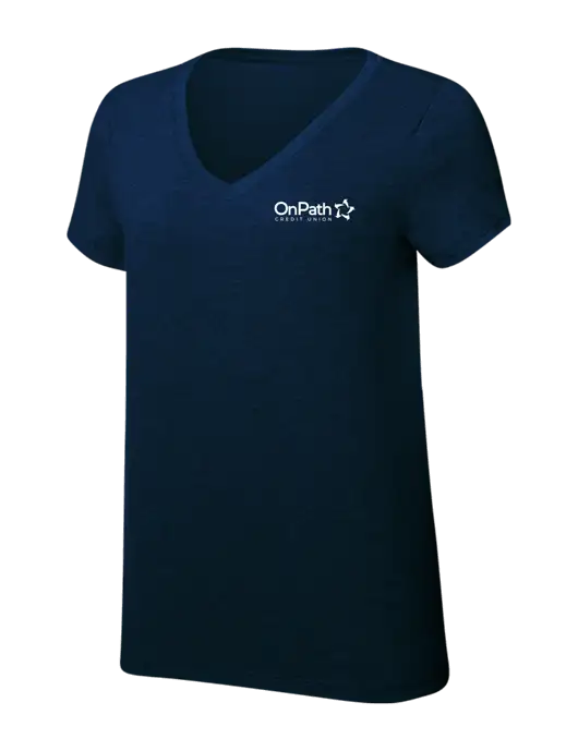 Womens Simply Soft V-Neck New Navy 4.5oz  Poly/Combed Ring Spun Cotton T-Shirt w/OnPath Logo