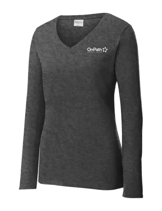 Womens  V-Neck Ring Spun Dark Heather Grey 4.5 oz Long Sleeve T-Shirt w/OnPath Logo
