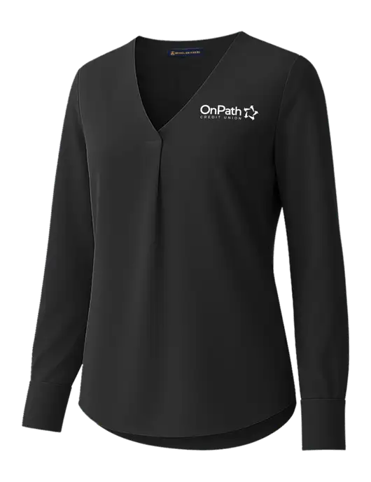 Brooks Brothers Womens Black Open-Neck Satin Blouse  w/OnPath Logo