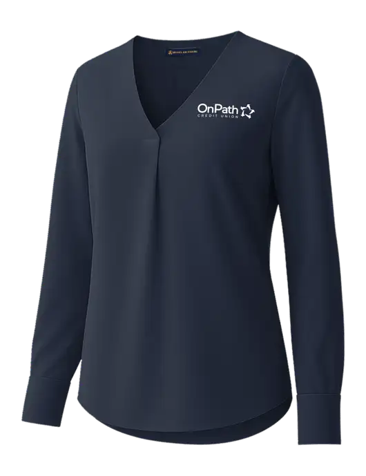 Brooks Brothers Womens Dark Navy Open-Neck Satin Blouse  w/OnPath Logo