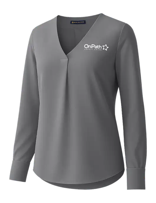 Brooks Brothers Womens Medium Grey Open-Neck Satin Blouse  w/OnPath Logo