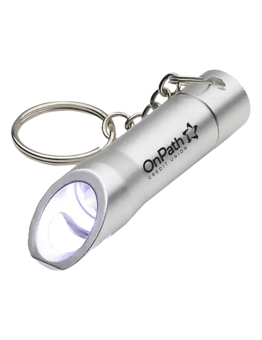 Silver Pocket LED Flashlight with Bottle Opener & Keychain w/OnPath Logo