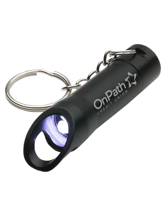 Black Pocket LED Flashlight with Bottle Opener & Keychain w/OnPath Logo